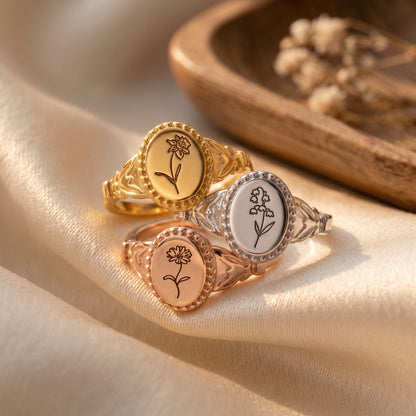 Personalized Vintage Birthflower Signet Ring