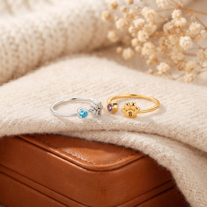 Custom Initial Engraved Tiny Paw with Birthstone Ring