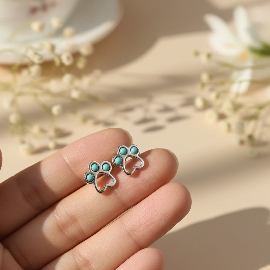 Turquoise Paw 925 Sterling Silver Stud Earrings