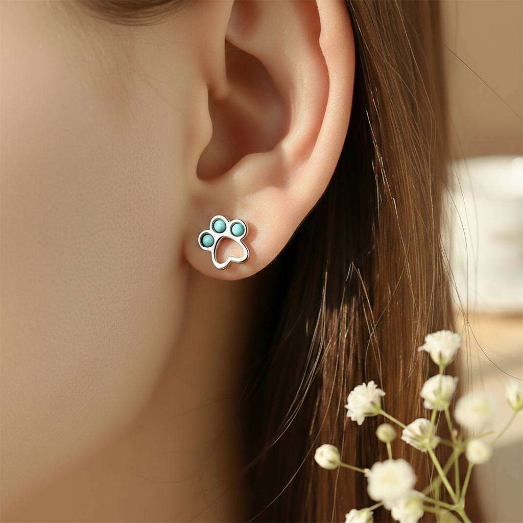 Turquoise Paw 925 Sterling Silver Stud Earrings