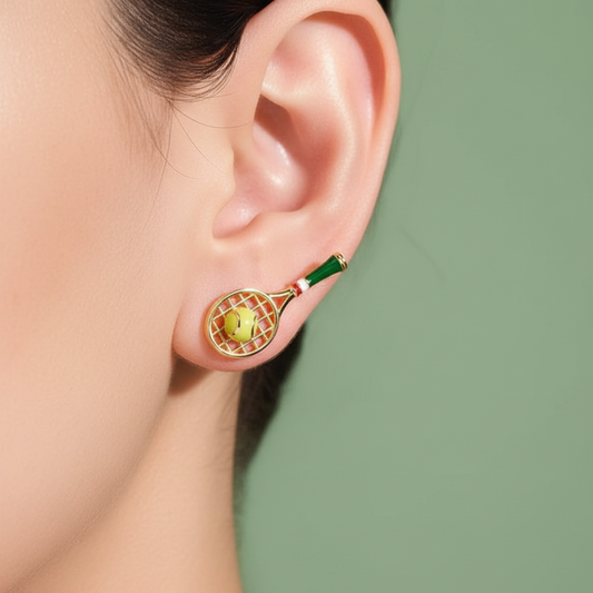 Golden Tennis Racket & Ball Stud Earring