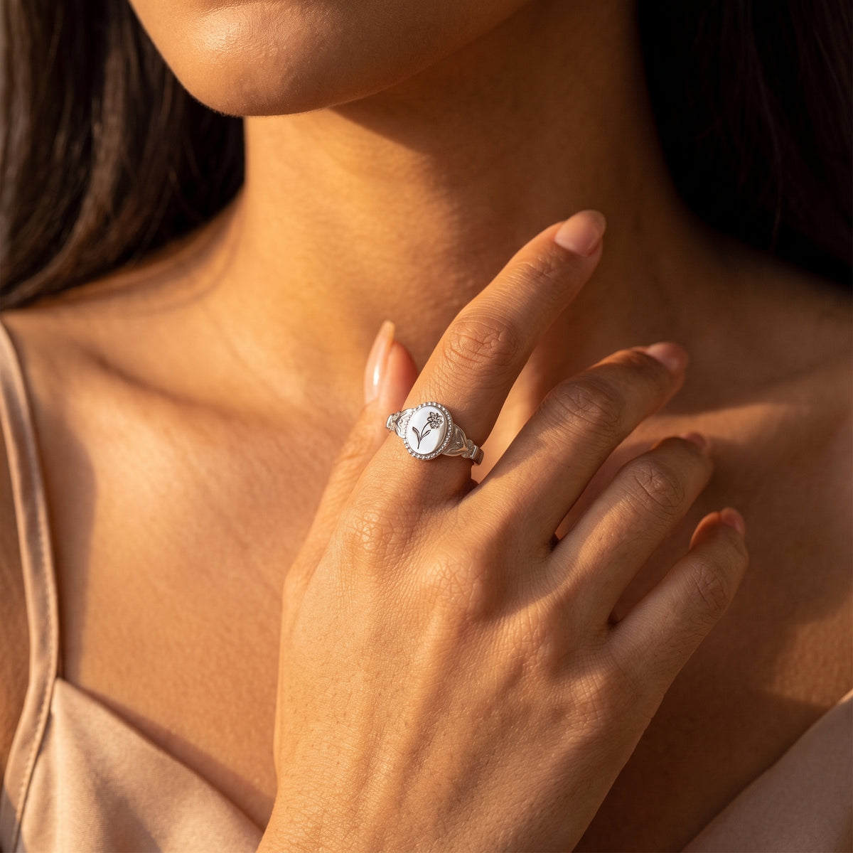 Personalized Vintage Birthflower Signet Ring