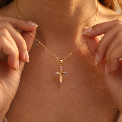 Personalized Dainty Birthstone Cross Necklace