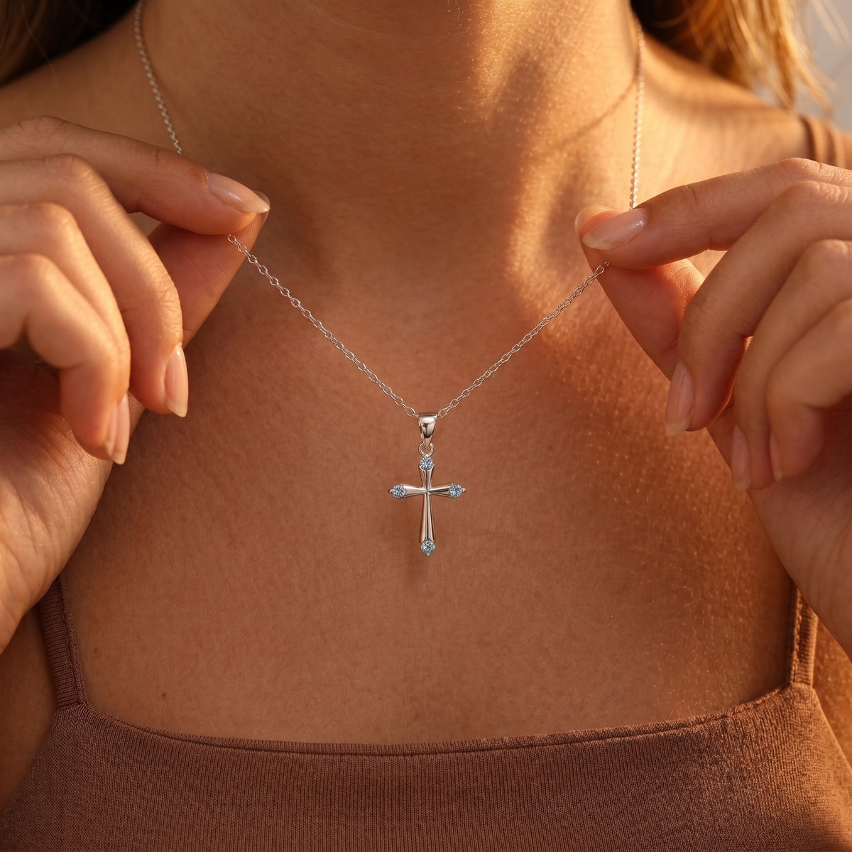 Personalized Dainty Birthstone Cross Necklace