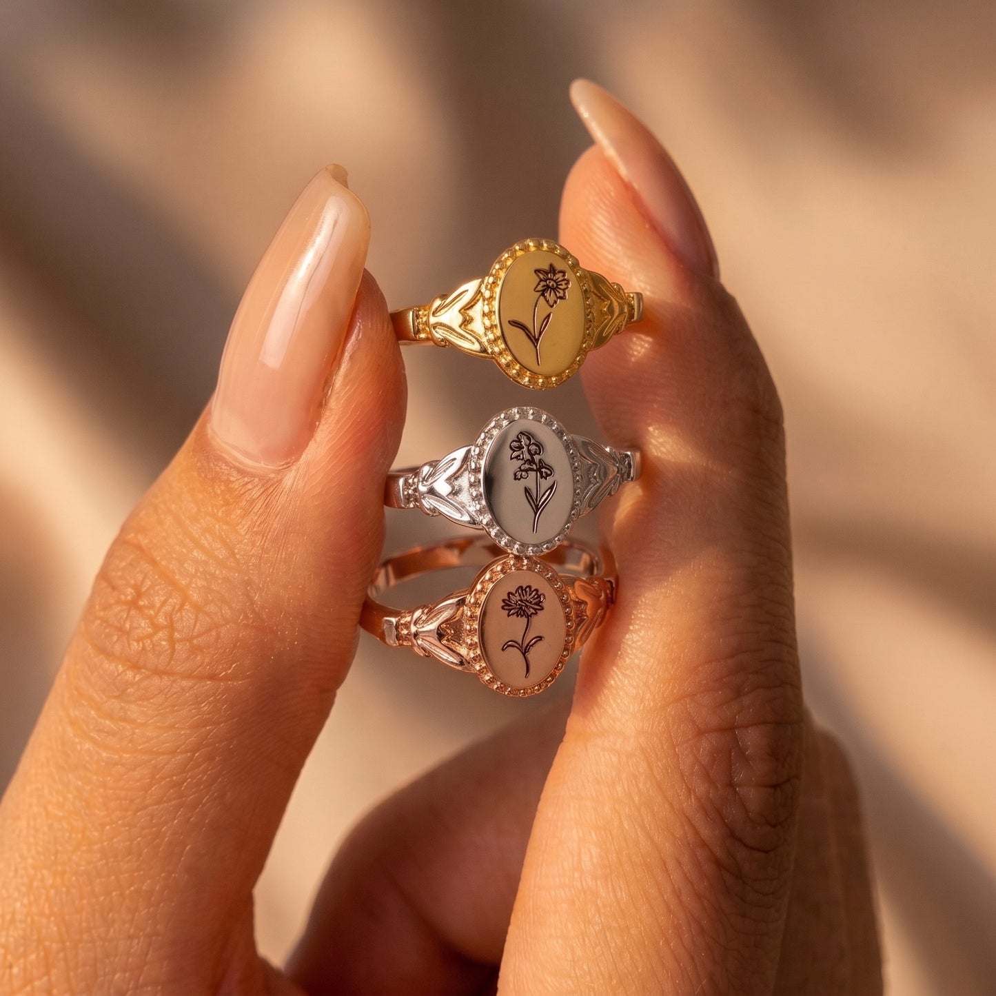 Personalized Vintage Birthflower Signet Ring