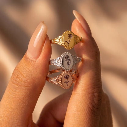 Personalized Vintage Birthflower Signet Ring