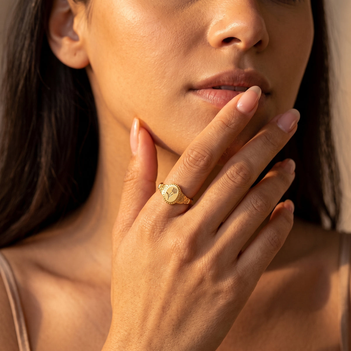 Personalized Vintage Birthflower Signet Ring