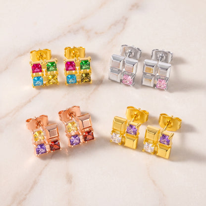 Custom Square Birthstones Stud Earrings