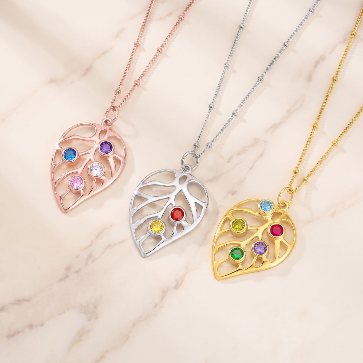 Personalized Leaf Birthstone Necklace