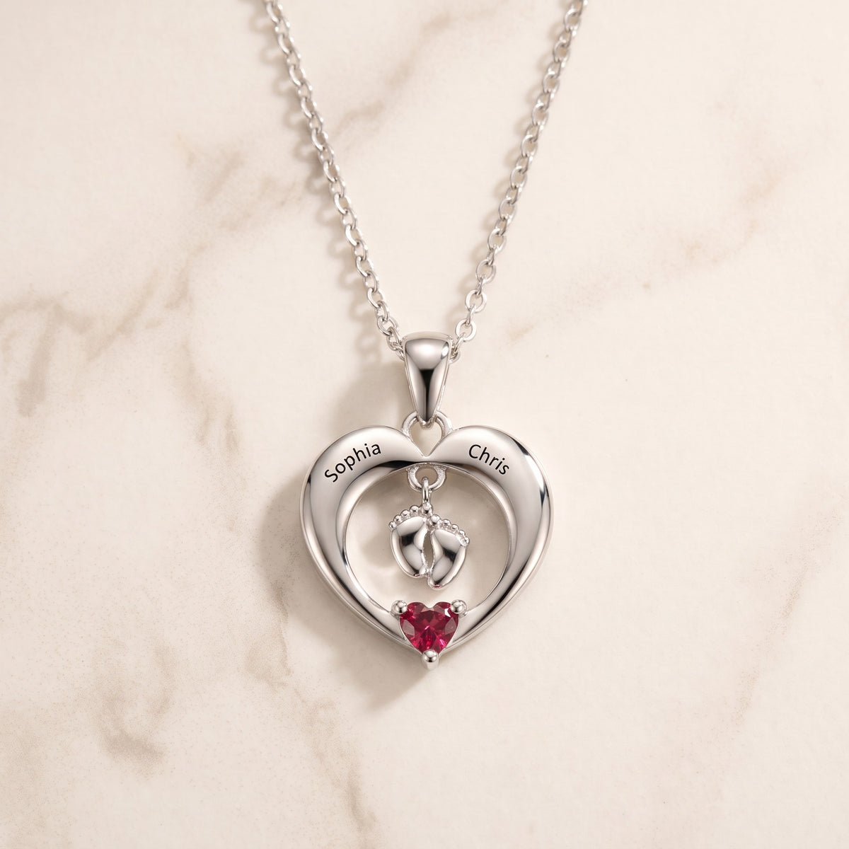Baby Feet Necklace with Birthstone & Engraved Names