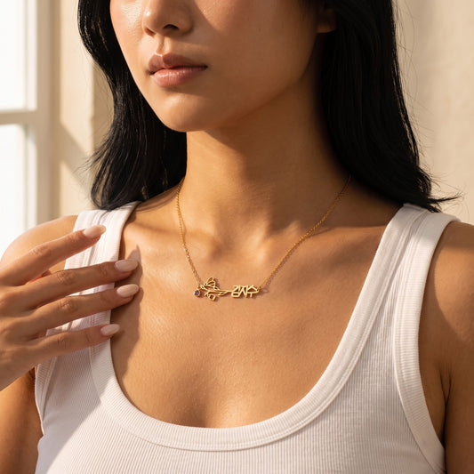 Birth Flower & Birthstone Korean Name Necklace