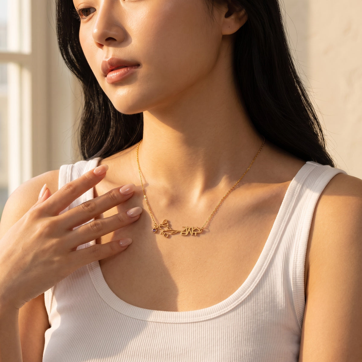 Birth Flower & Birthstone Korean Name Necklace