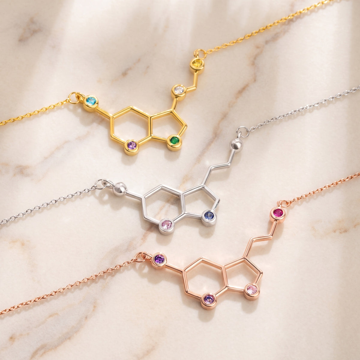 Serotonin Molecule Necklace with Custom Birthstones
