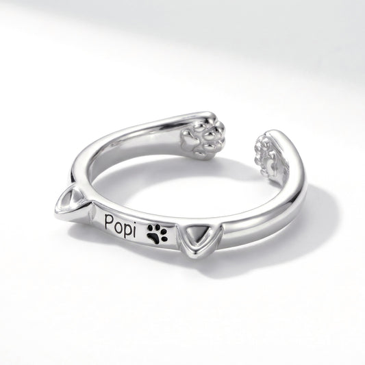 personalized adjustable cat ears paw ring with name engraving
