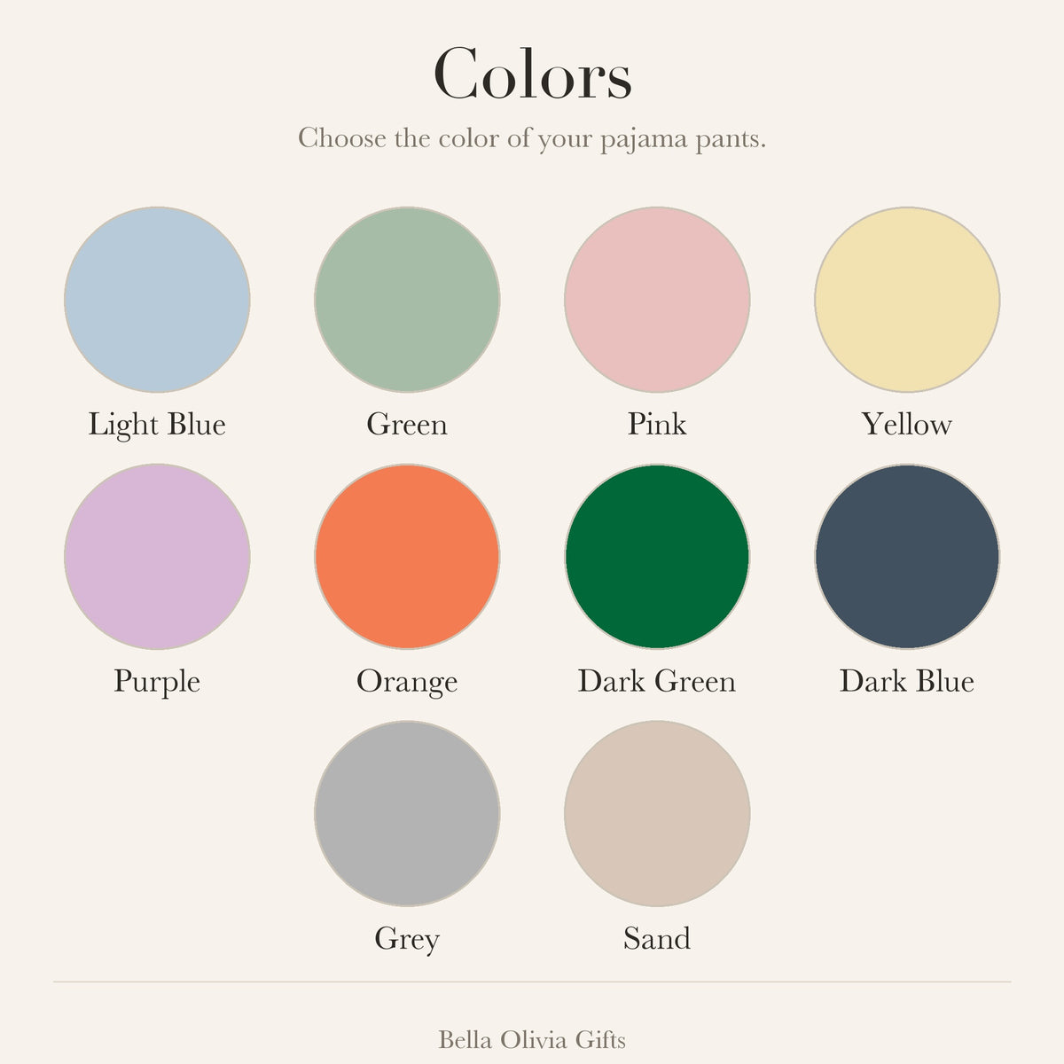 Color chart for custom pet photo pajama pants