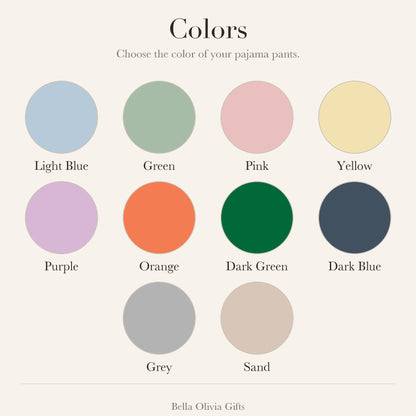 Color chart for custom pet photo pajama pants