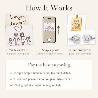 How it works: write or draw it, snap a photo, we engrave it. Keep it simple with bold lines.