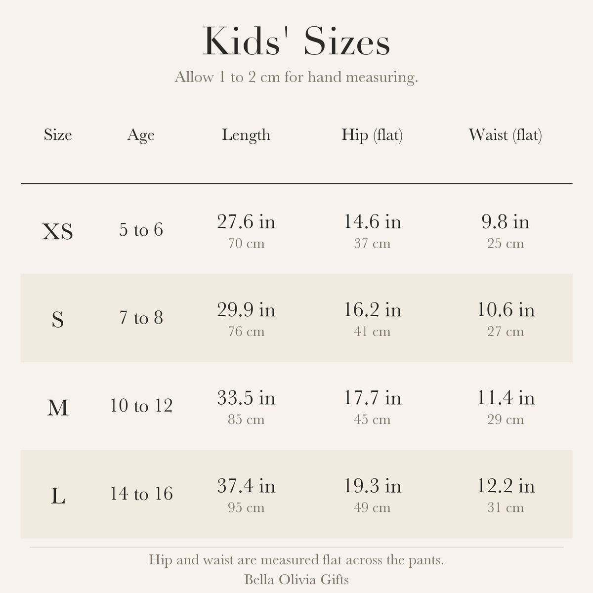 Kids' size chart for pajama pants