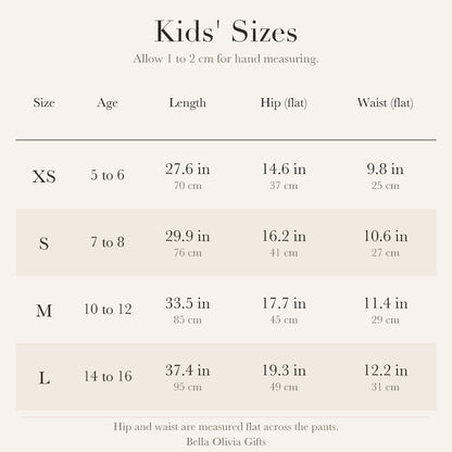 Kids' size chart for pajama pants