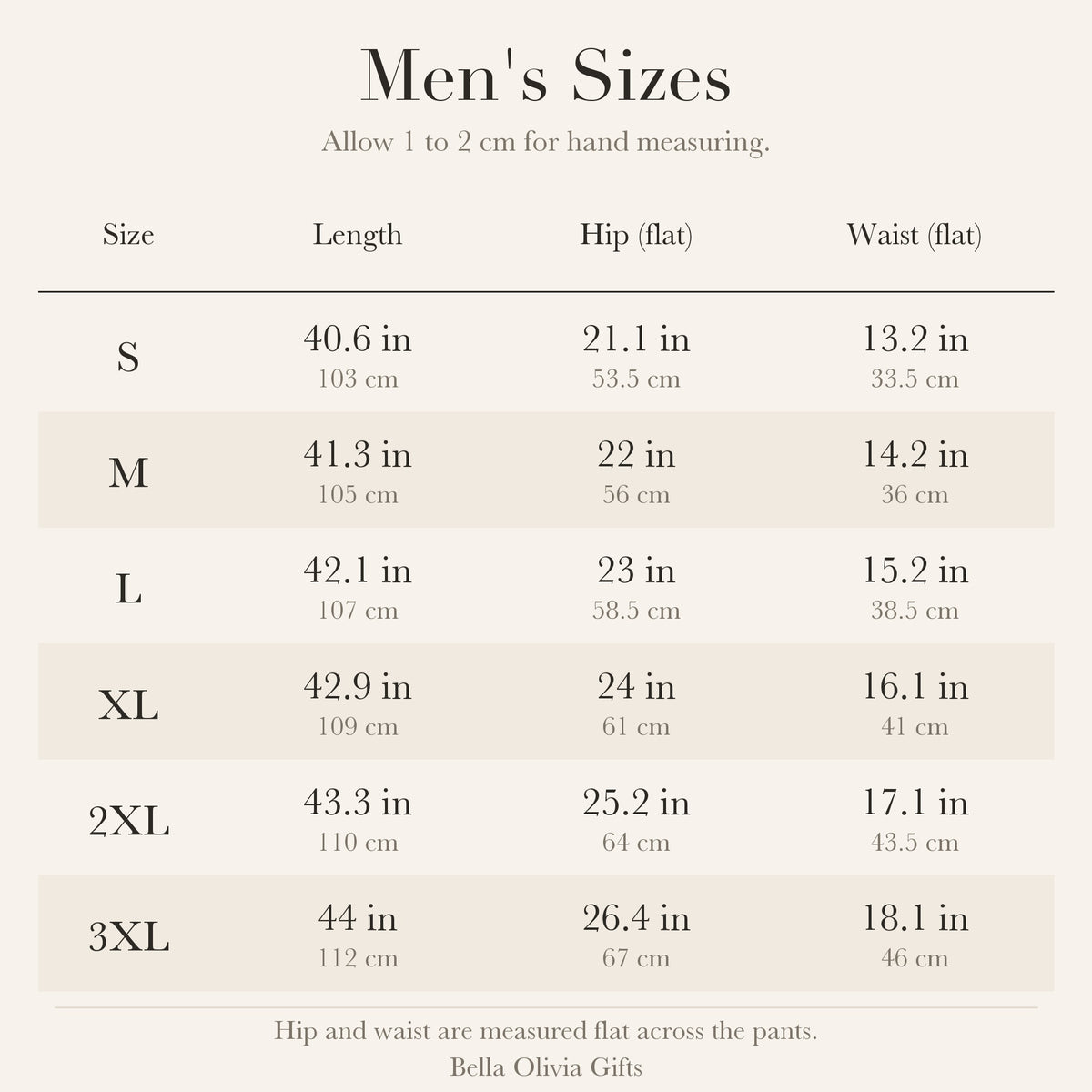 Men's size chart for pajama pants