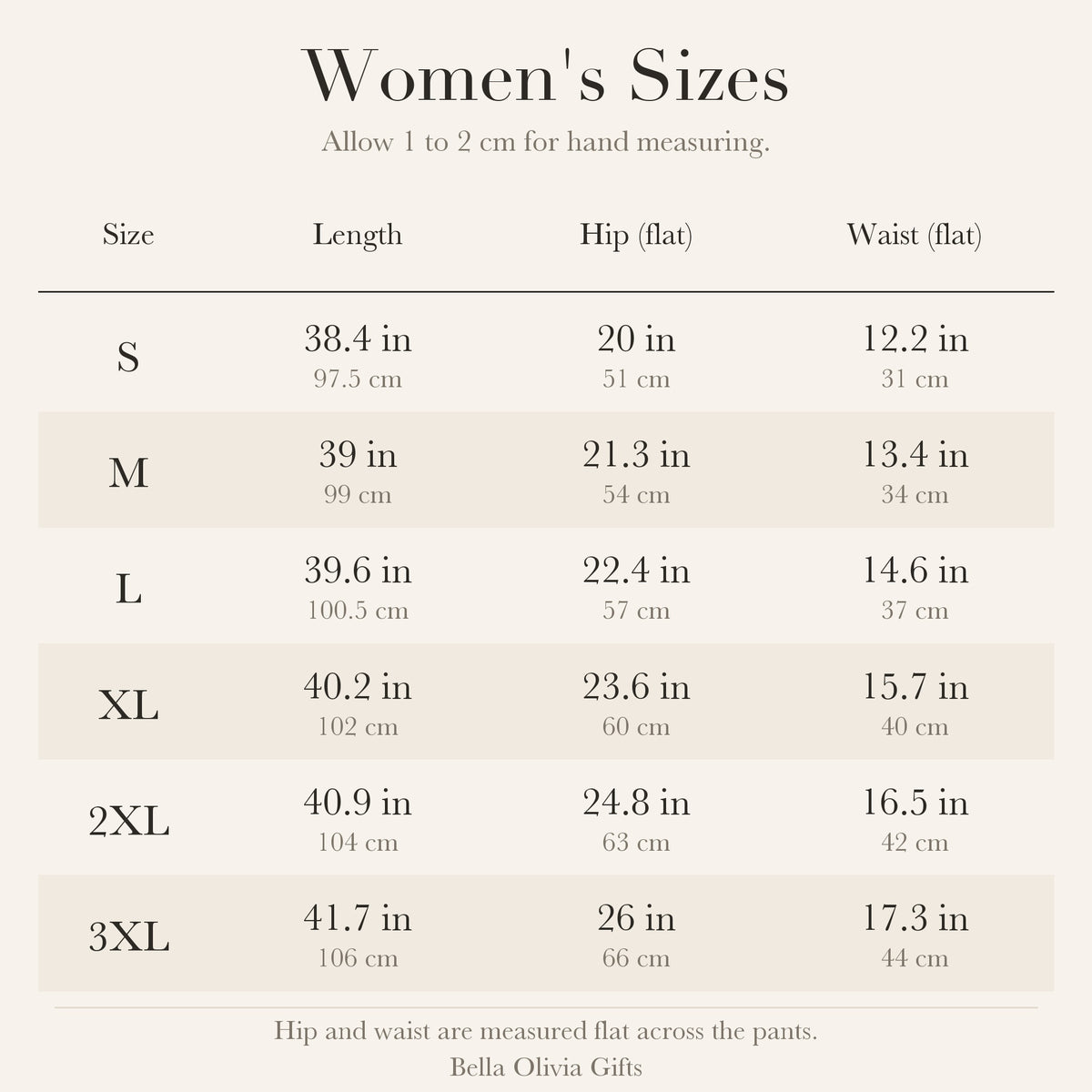 Women's size chart for pajama pants