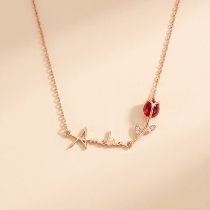 Personalized 3D Tulip Birthstone Necklace with Sideway Name