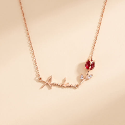 Personligt halsband med 3D-tulpan, månadssten och namn på sidan
