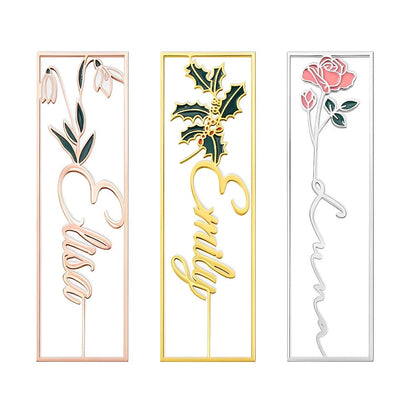 Custom Name Metal Bookmark with Birth Flower
