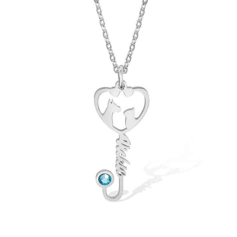 Veterinary Name Stethoscope Heart Necklace with Birthstone