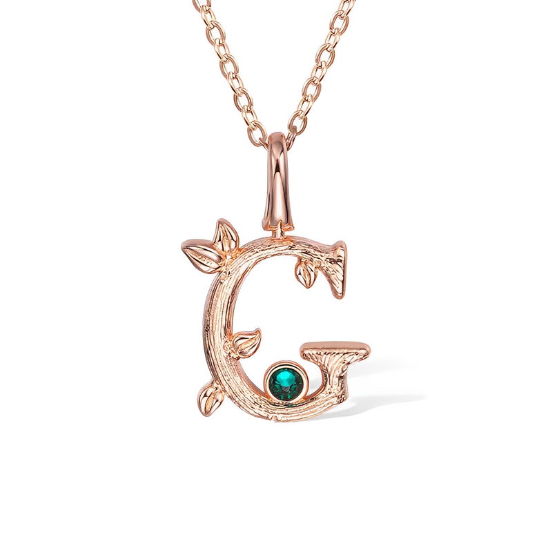 Custom Initial and Leaves Necklace with Birthstone