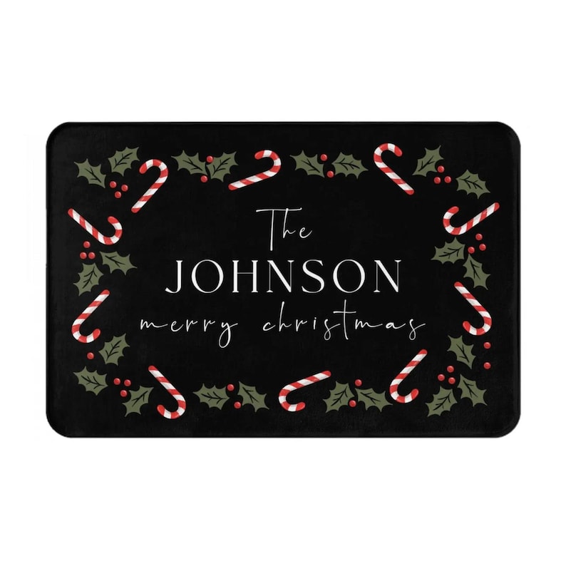 Personalized Christmas Holly Candy Canes Welcome Doormat