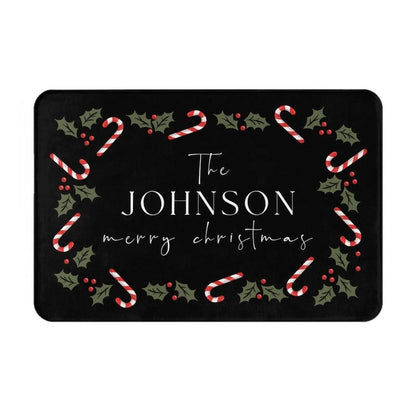 Personalized Christmas Holly Candy Canes Welcome Doormat