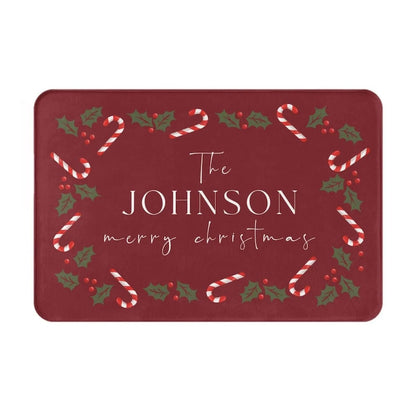 Personalized Christmas Holly Candy Canes Welcome Doormat