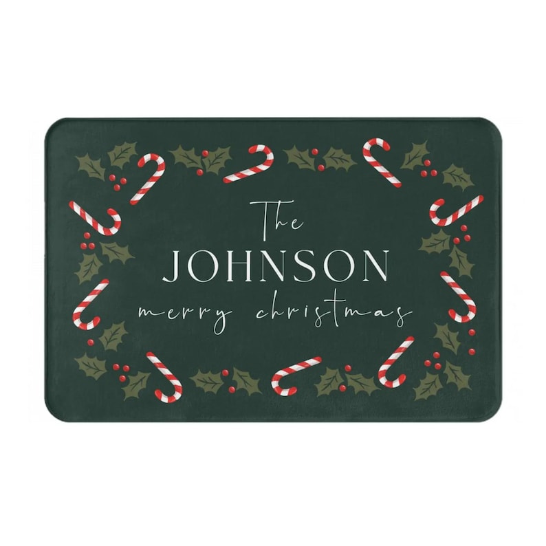 Personalized Christmas Holly Candy Canes Welcome Doormat