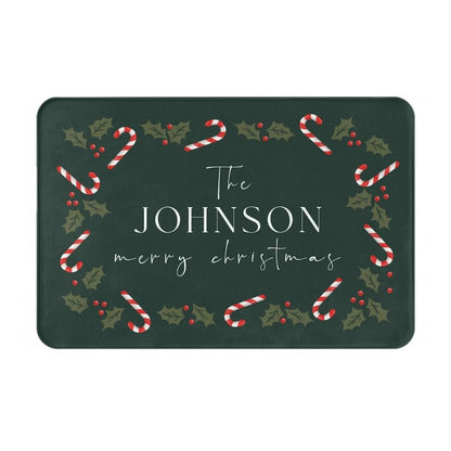 Personalized Christmas Holly Candy Canes Welcome Doormat