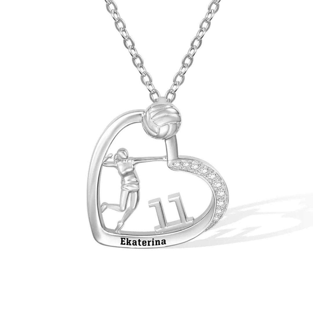 Personalized Volleyball Heart Necklace, with Number + Name