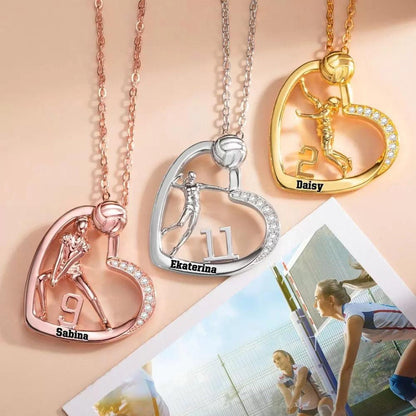 Personalized Volleyball Heart Necklace, with Number + Name