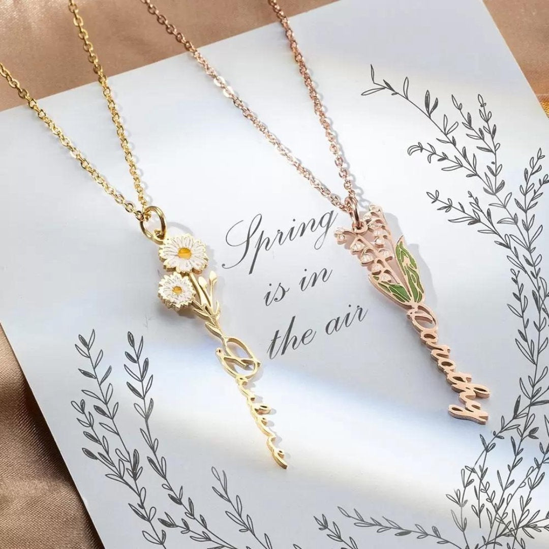 Personalized Birth Flower Name Necklace