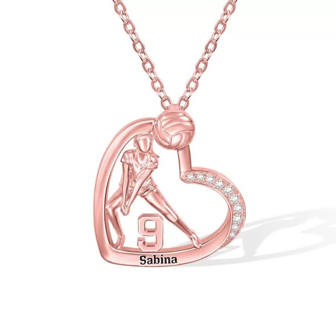 Personalized Volleyball Heart Necklace, with Number + Name