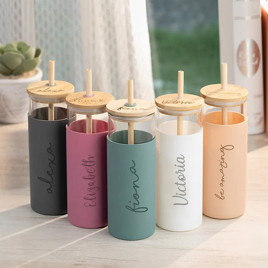 Custom Name Glass Tumbler with Straw