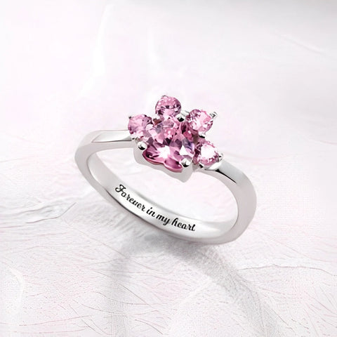 Birthstone Paw Print Ring with Custom Engraving