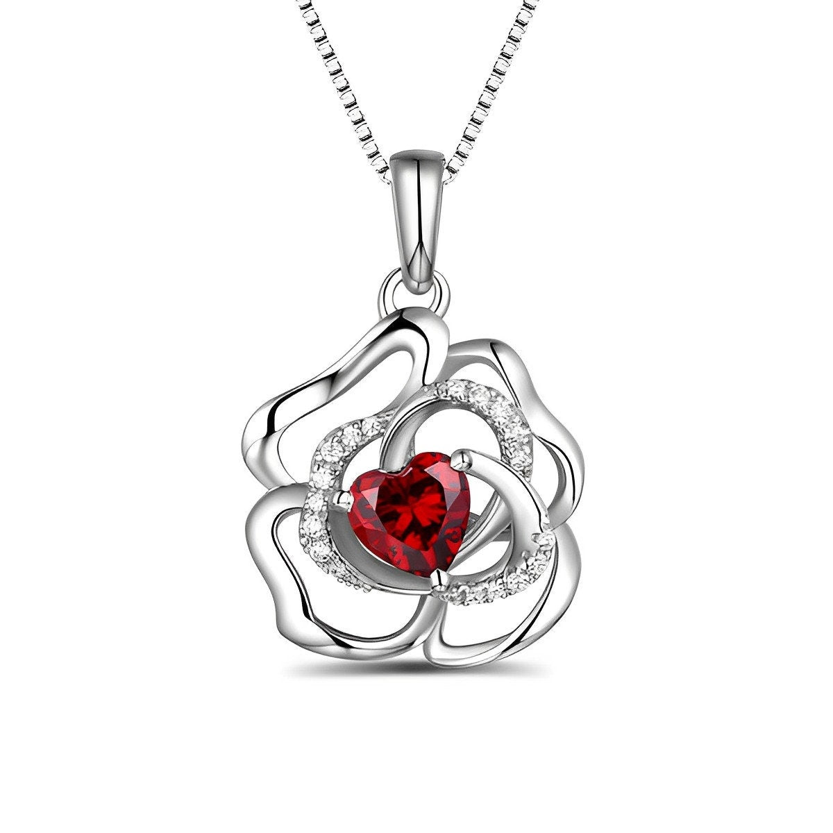 Rose Flower Necklace With Custom Heart Birthstone