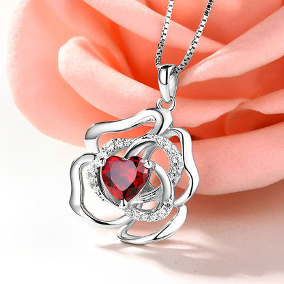 Rose Flower Necklace With Custom Heart Birthstone