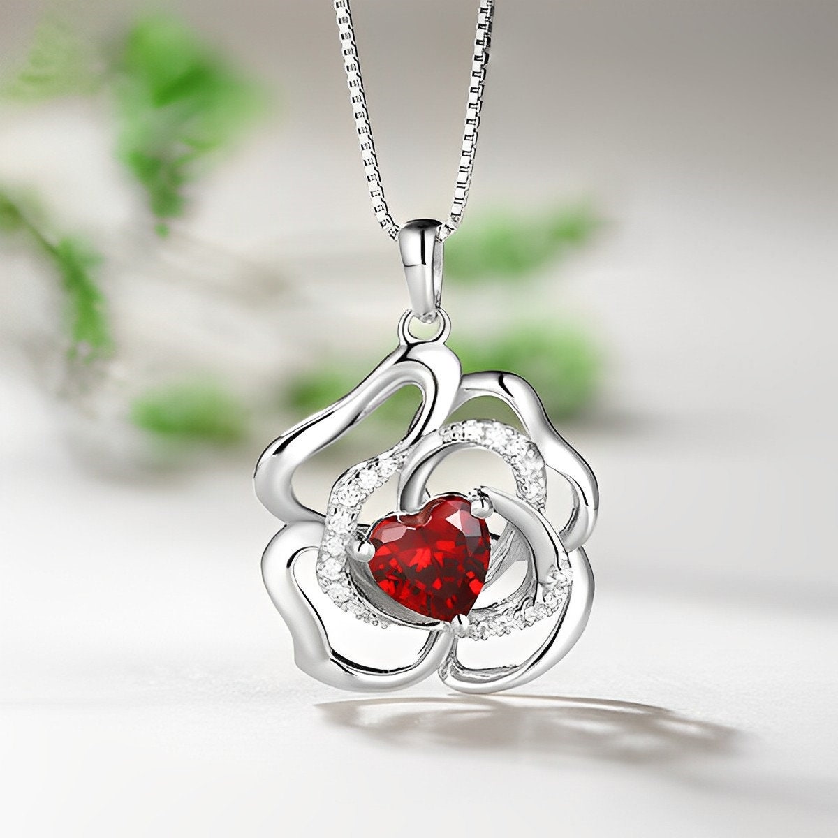 Rose Flower Necklace With Custom Heart Birthstone