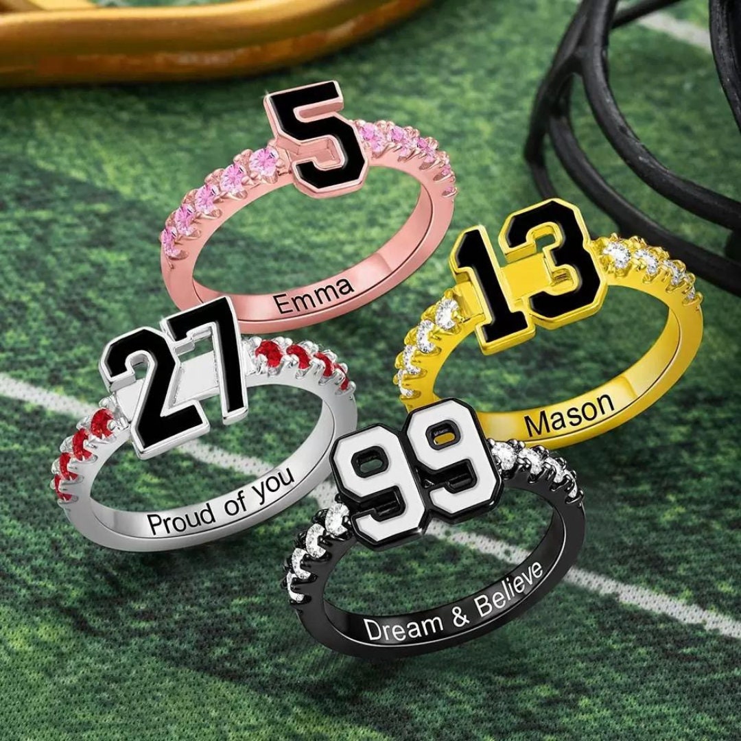 Personalized Sports Team Number Birthstone Ring with Custom Engraving