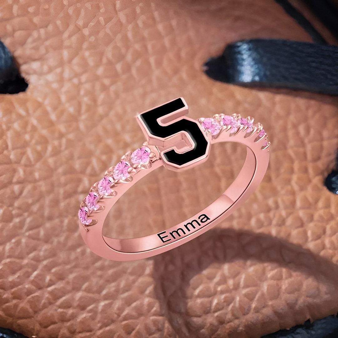 Personalized Sports Team Number Birthstone Ring with Custom Engraving