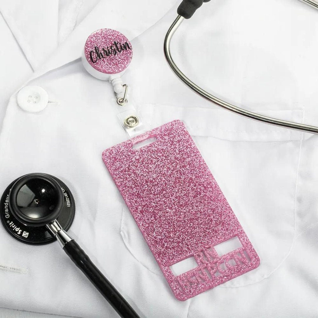 Custom Glitter ID Badge Holder & Scrubs Clip