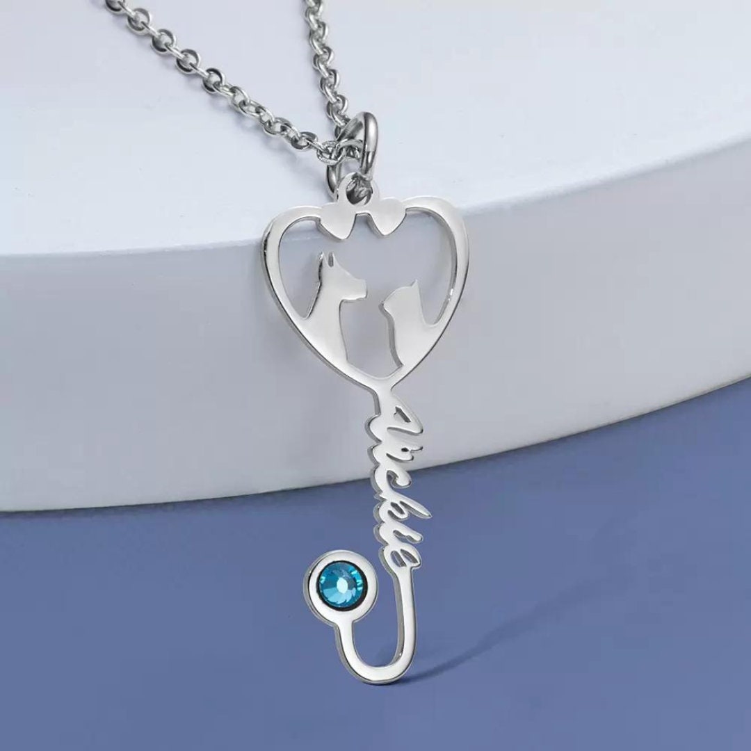 Veterinary Name Stethoscope Heart Necklace with Birthstone