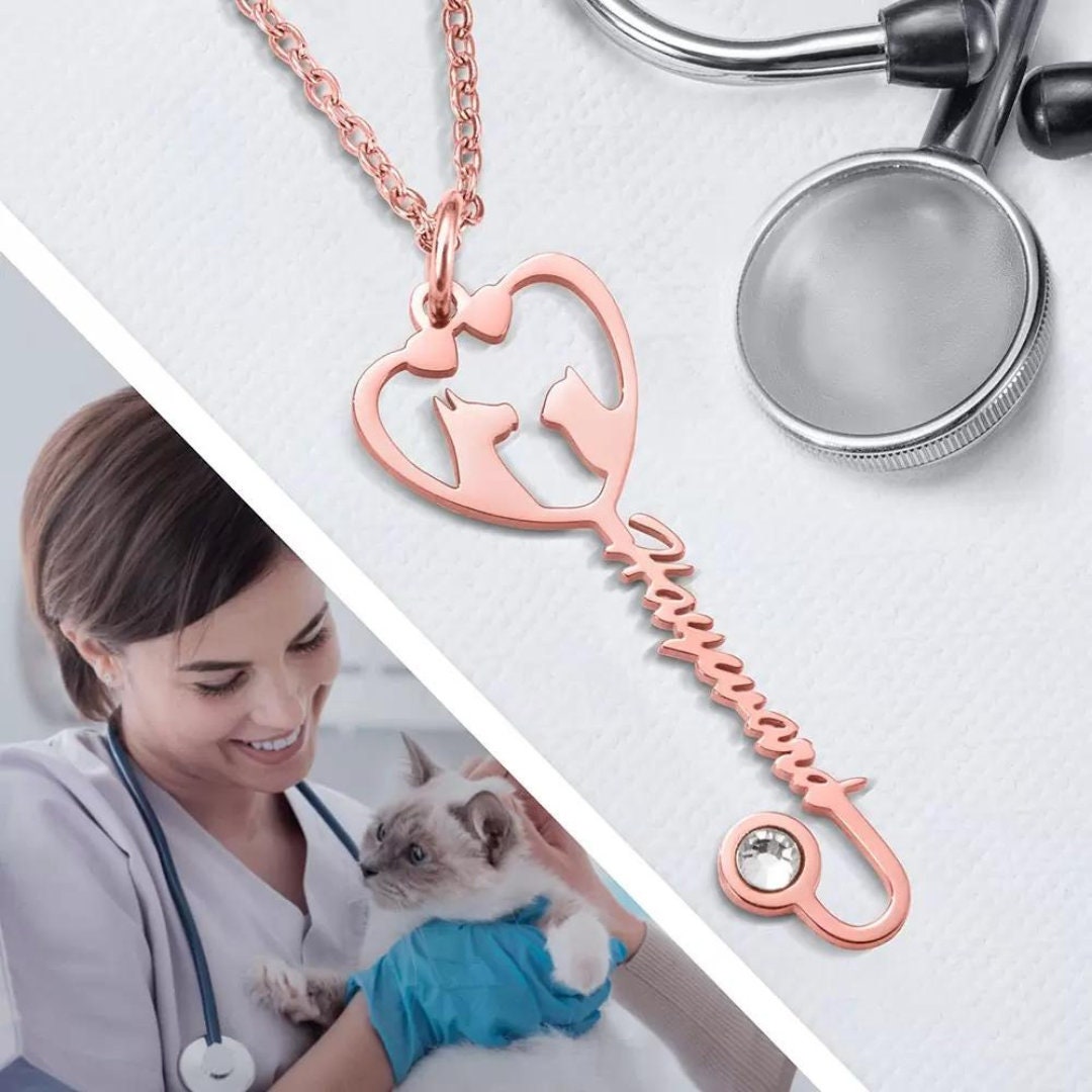 Veterinary Name Stethoscope Heart Necklace with Birthstone