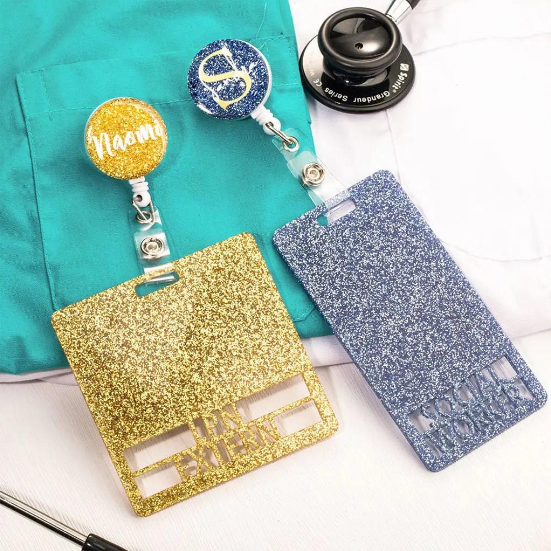 Custom Glitter ID Badge Holder & Scrubs Clip